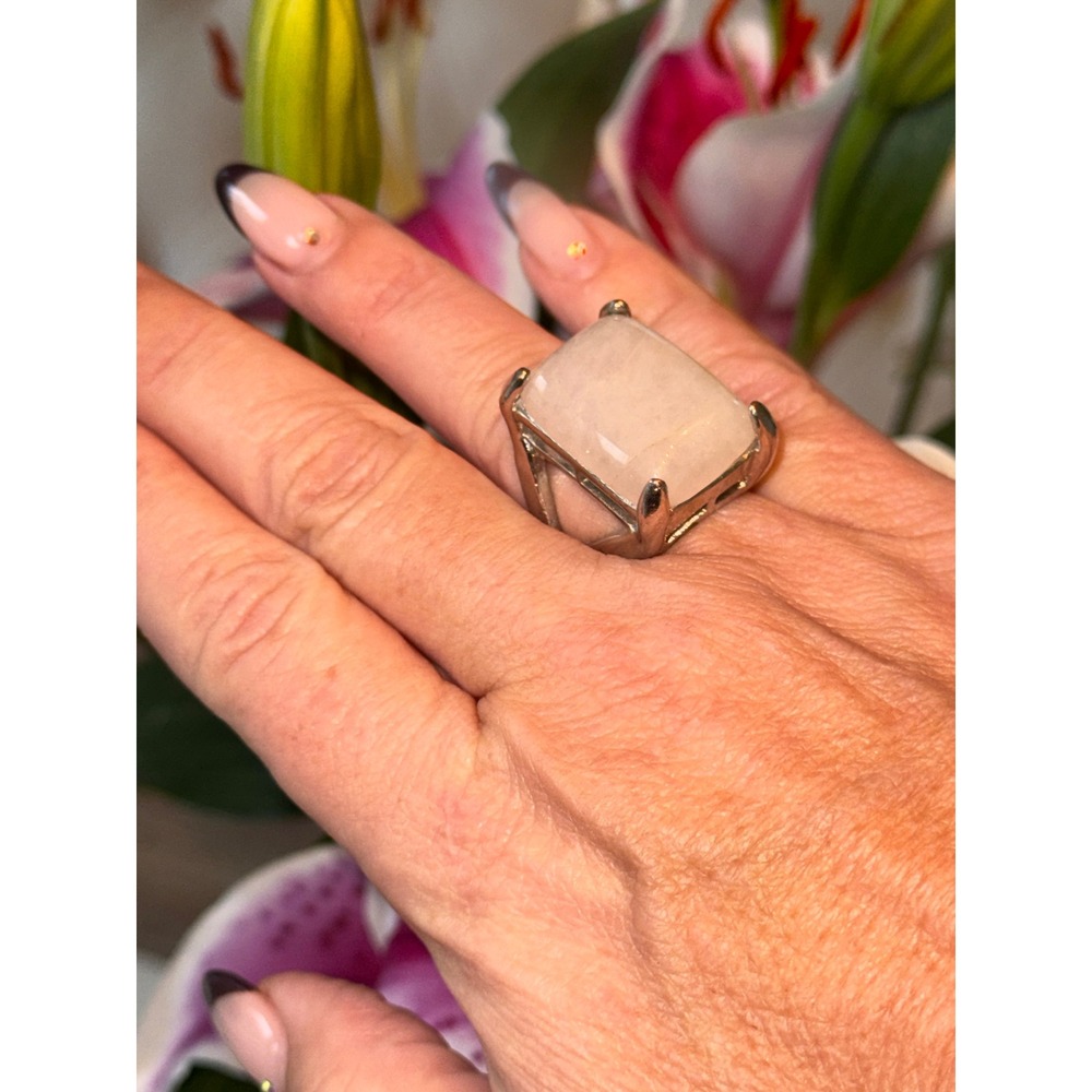 Large Rectangular Rose Quartz Statement Ring Silv… - image 2